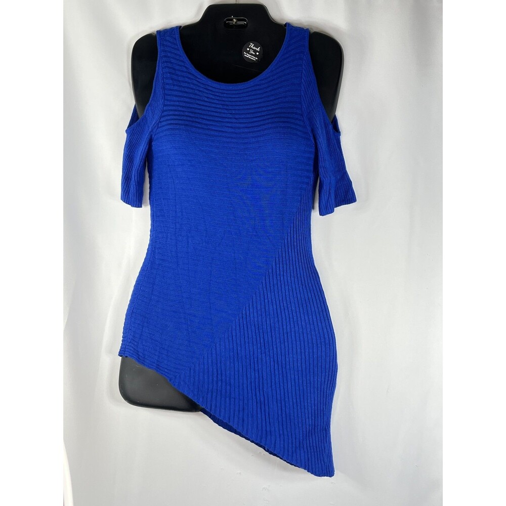 Chico's Shirt Womens 0 S Blue Cold Shoulder Ribbed Knit Asym Hem Tunic Top